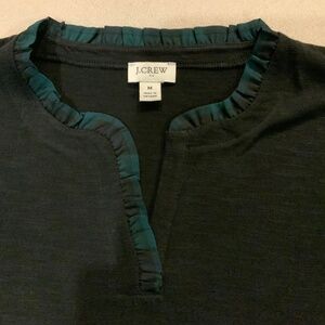 JCrew Sz M Black long sleeve Blackwatch Plaid Ruffle  neckline T